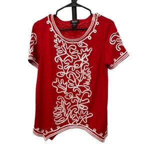 Objects DArt Embroidered Red Short Sleeve Boho Tunic Top Sz S
